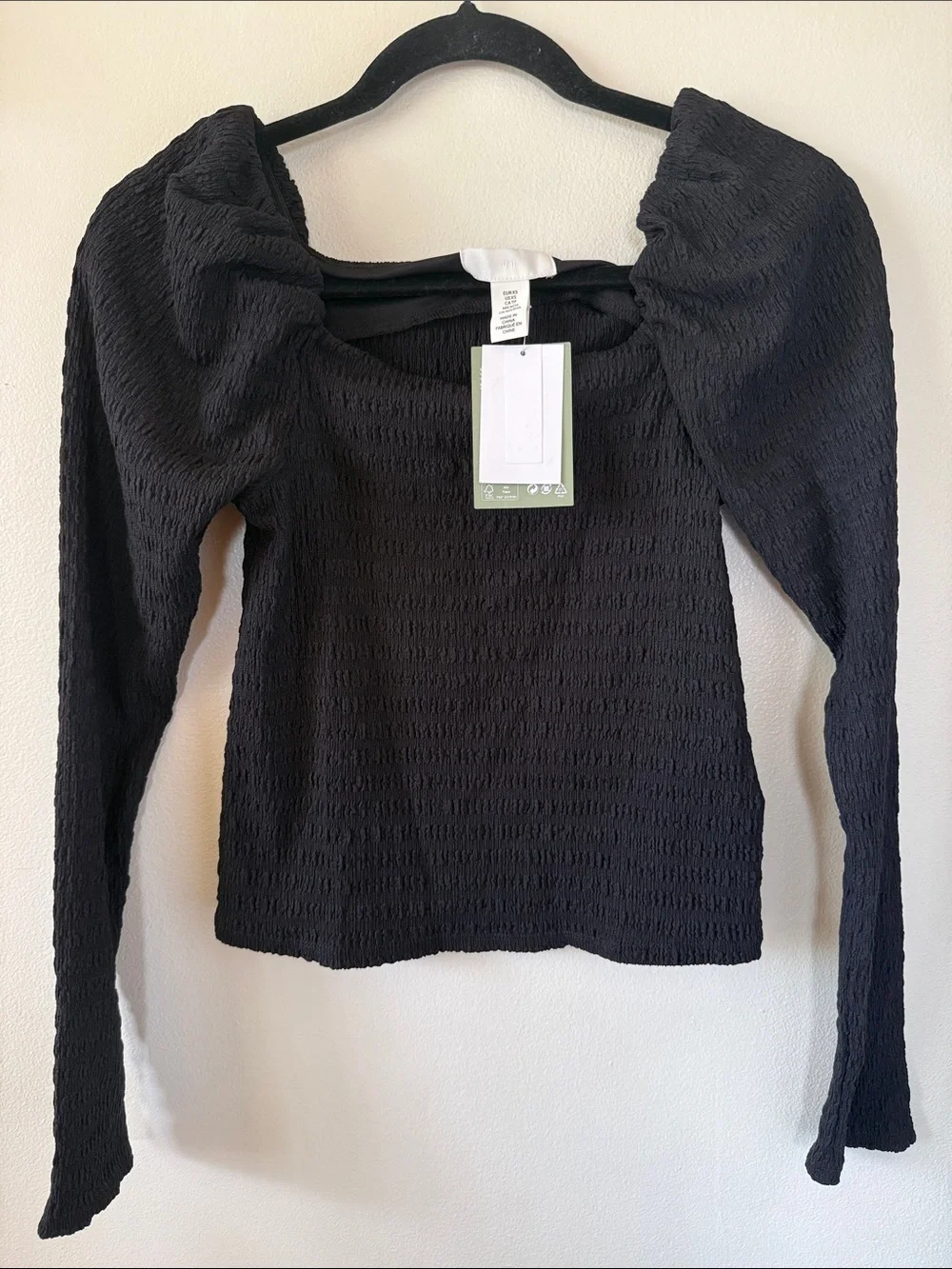 H&M Black Smocked Puff-Sleeve Long-Sleeve Top
